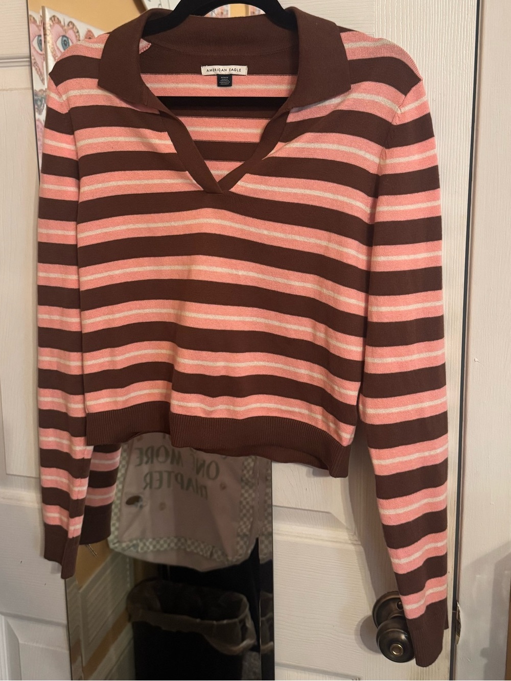 American Eagle Outfitters Pink and Brown Striped V-Neck Collared Sweater